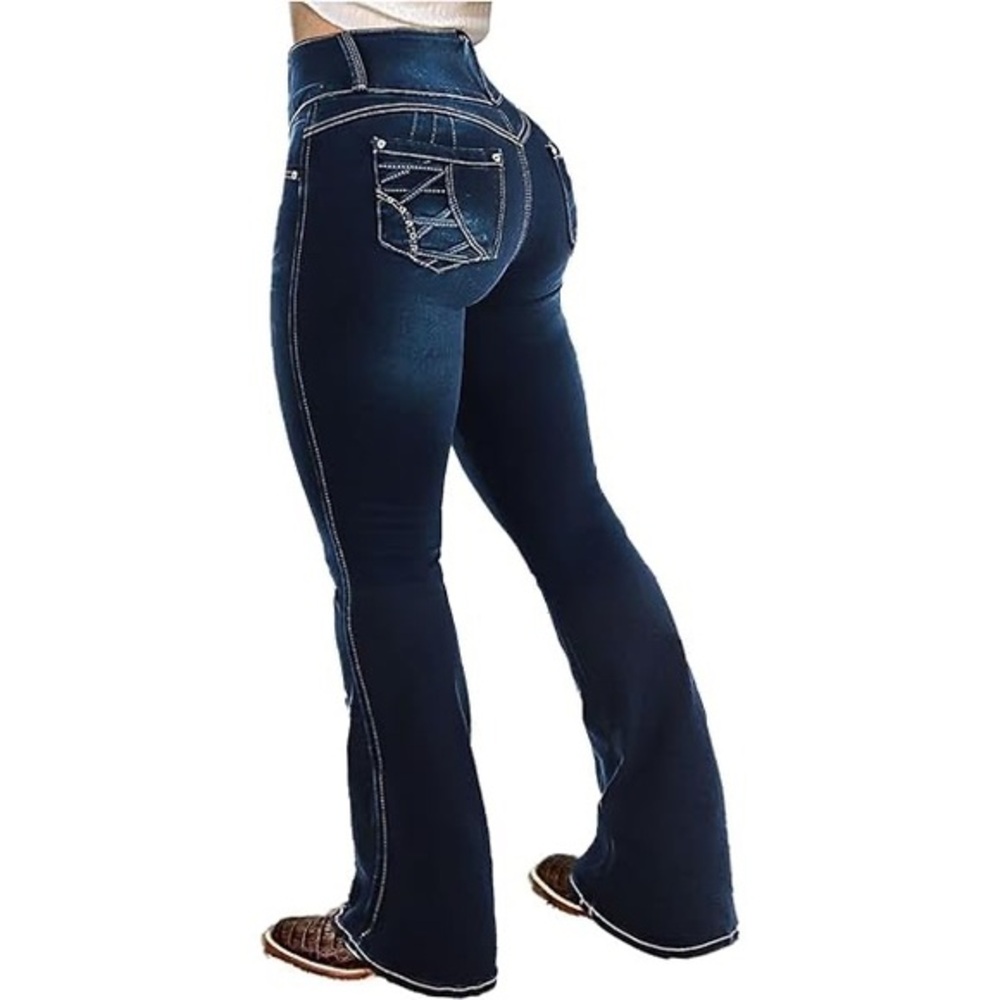 Flamingals bootcut straight leg high rise casual butto fly raw hem stretchy jean